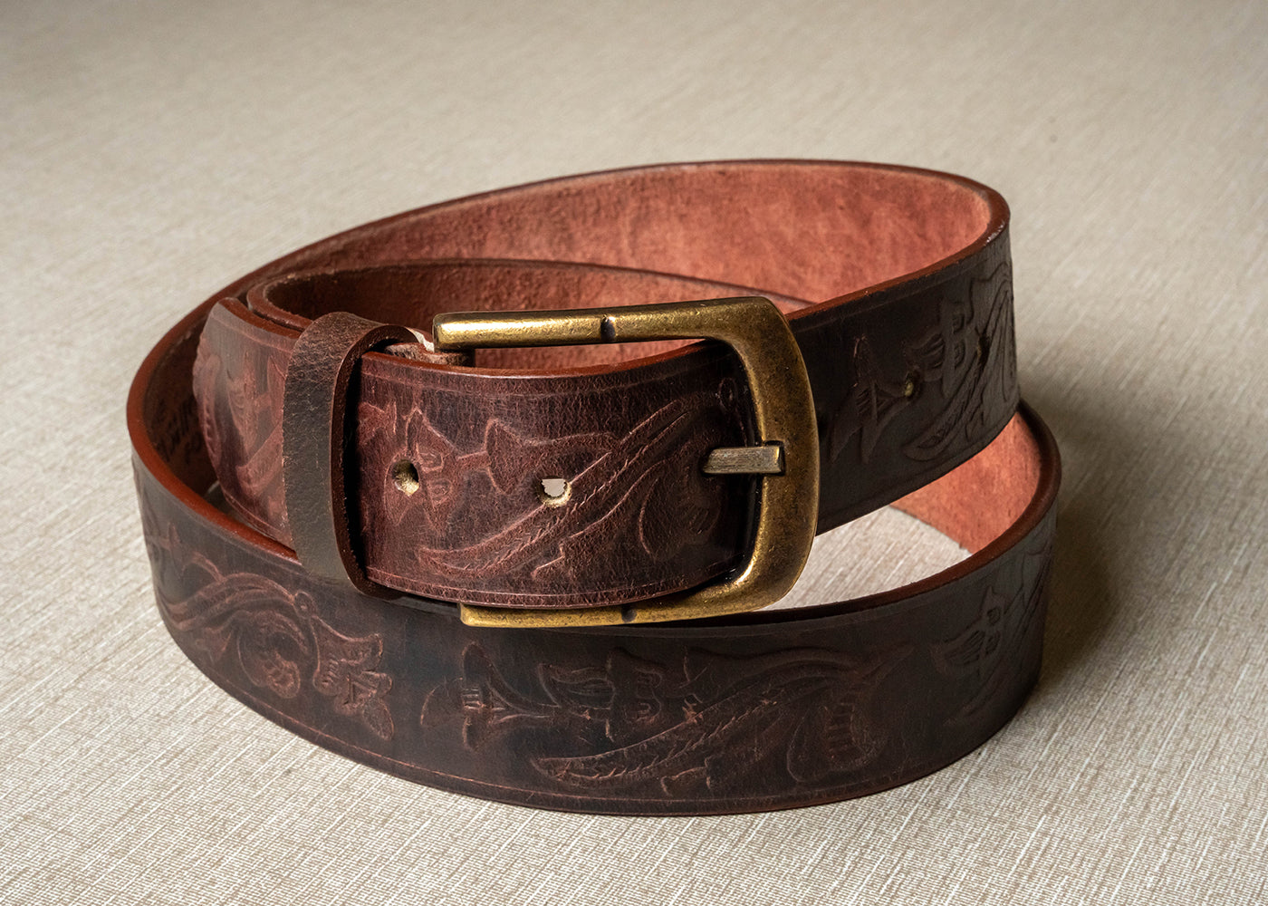 Genuine Brown Handmade Embossed Leather Belt