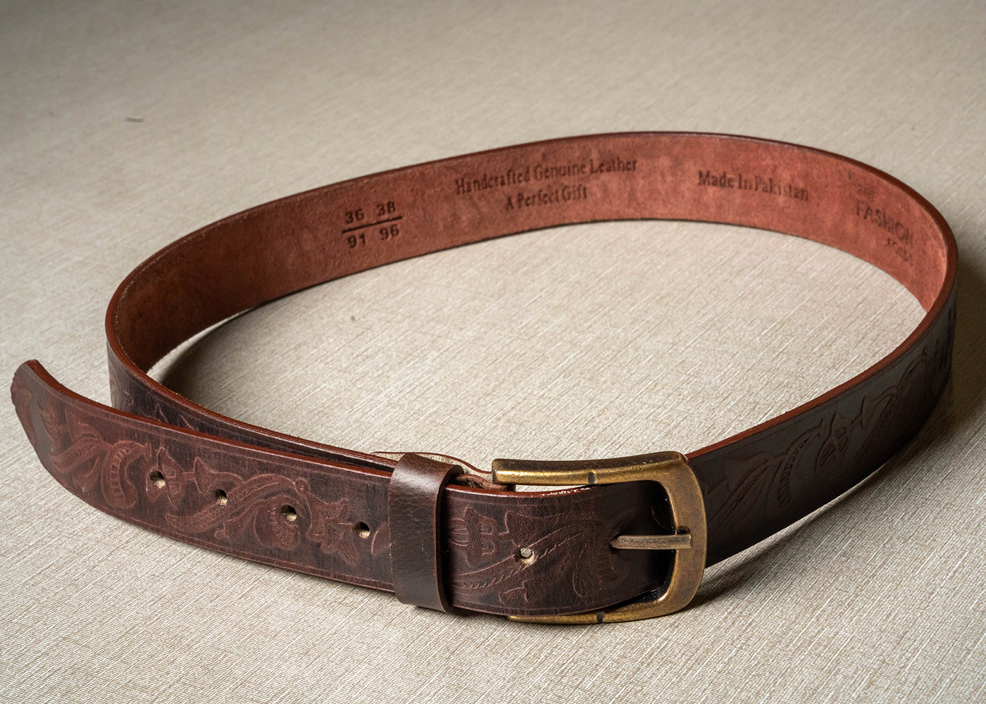 Genuine Brown Handmade Embossed Leather Belt